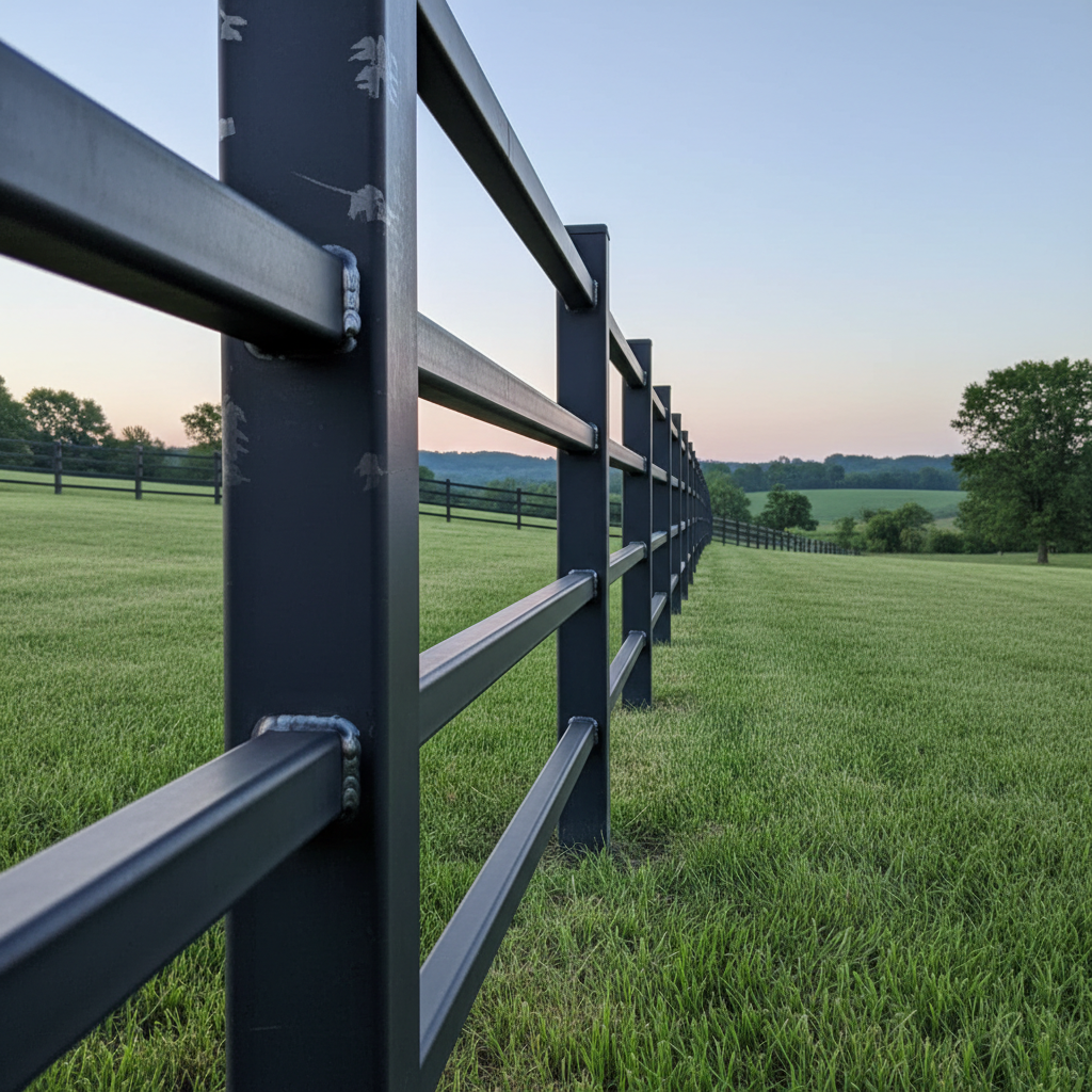 A long stretch of custom welded steel fence running parallel to a rural property line, composed of dark, matte-finished rectangular posts and horizontal rails, perfectly aligned along a gentle slope. Each post features clean, consistent welds at the rail junctions, and the metal surfaces show subtle texture from careful grinding and finishing. Early morning natural light with a cool tone grazes across the fence, creating rhythmic shadows on the trimmed grass and accentuating the repeating pattern of posts. Photographic realism captured from a low-angle perspective along the fence line, using strong depth of field to keep foreground welds crisp while the fence gradually fades into soft blur. The mood is orderly, durable, and protective, emphasizing long-lasting craftsmanship.