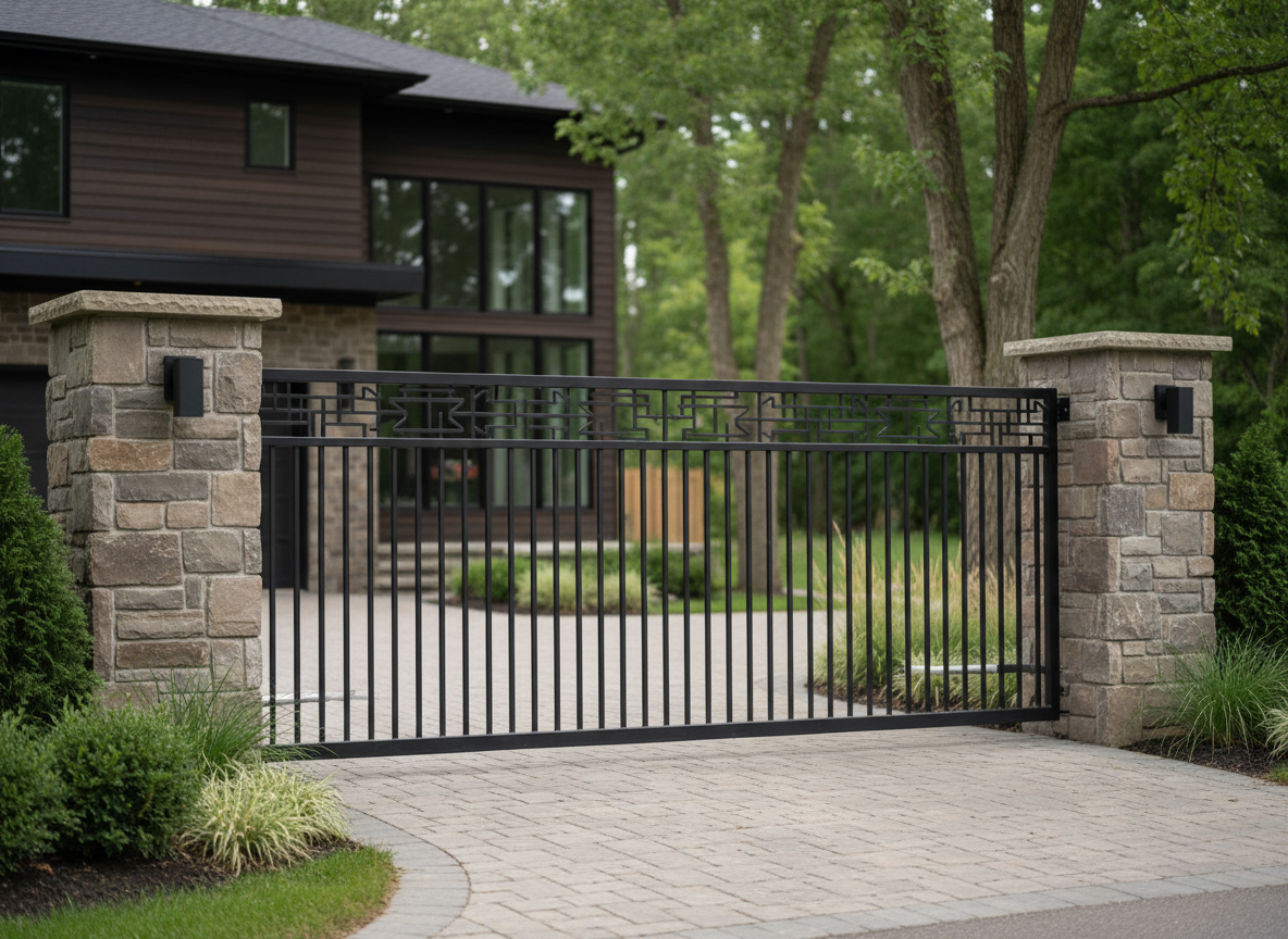 A solid, custom-fabricated black steel driveway gate with clean vertical bars and a decorative geometric pattern along the top, installed between two stone pillars at a suburban Ontario home. The powder-coated metal surface has a subtle satin sheen, with clearly visible welds at each junction indicating robust construction. Soft overcast daylight creates even, diffused lighting, minimizing harsh reflections and casting gentle shadows on the paved driveway and adjacent landscaping. Photographic realism from a slightly elevated angle using rule-of-thirds composition, with the gate in sharp focus and the house and trees in a tasteful, blurred background. The atmosphere feels secure, modern, and upscale, highlighting professional metal fabrication and installation quality.