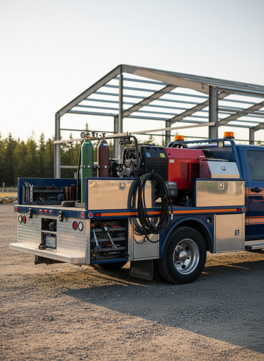A rugged mobile welding truck with shiny aluminum toolboxes and a mounted industrial welder, parked beside a steel-frame warehouse in rural Ontario. Coiled welding cables, neatly arranged gas cylinders, and an open tailgate reveal organized metalworking tools and neatly stacked steel plates. Late afternoon natural light casts a warm golden glow on the truck’s glossy paint and reflects subtly off the brushed metal surfaces, creating gentle shadows across the gravel lot. Photographic realism from an eye-level perspective, with the truck in sharp focus and the background trees and buildings softly blurred. The mood is professional and dependable, emphasizing on-site service and readiness for demanding mobile welding work.