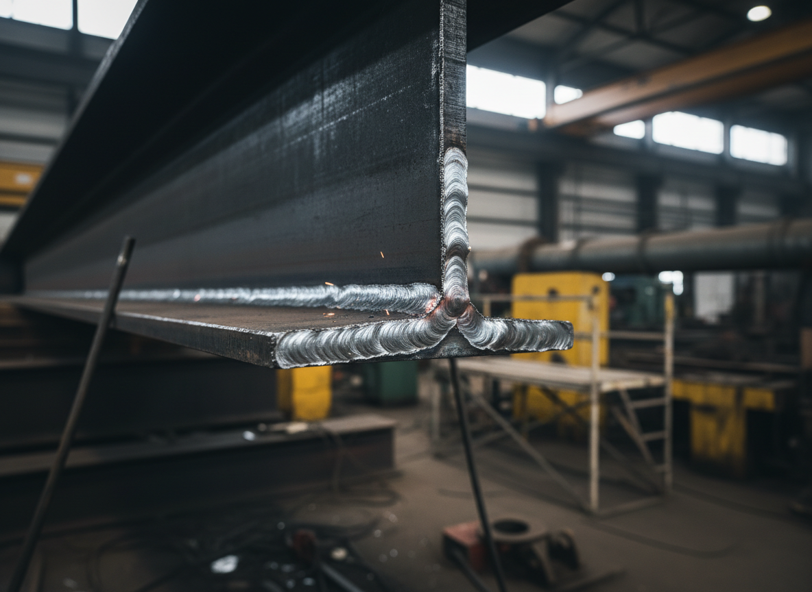 A close-up view of a freshly completed structural steel repair on an I-beam inside an industrial facility, showcasing a continuous, uniform weld bead with a clean, rippled texture along a precisely ground joint. The dark, matte steel beam contrasts with the bright silver-gray weld, small sparks still faintly glowing on adjacent slag. Overhead workshop lighting and a sliver of diffused daylight from high windows create crisp highlights and defined shadows, emphasizing the craftsmanship and strength of the connection. Shot with a shallow depth of field for photographic realism, the repaired joint is centered while the rest of the beam and distant machinery softly fade into the background, conveying reliability, precision, and structural safety.