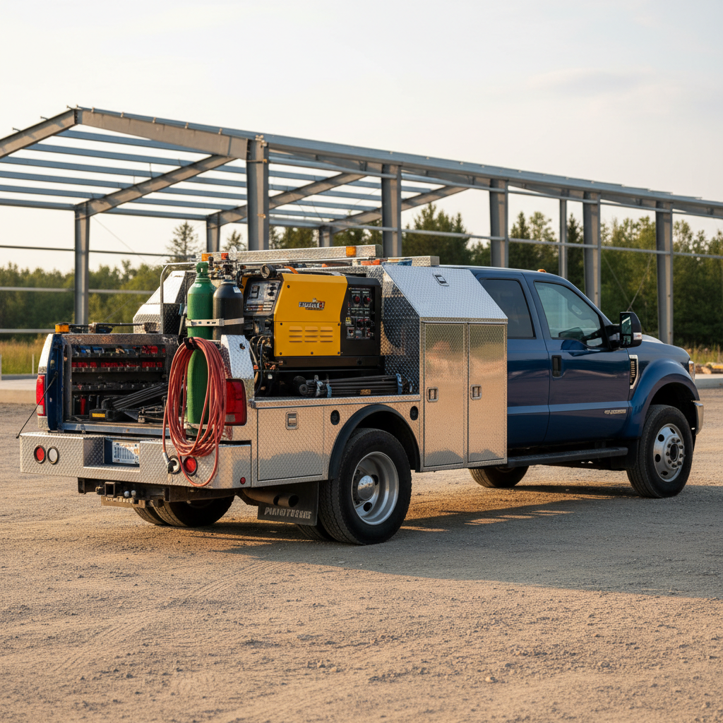 A rugged mobile welding truck with shiny aluminum toolboxes and a mounted industrial welder, parked beside a steel-frame warehouse in rural Ontario. Coiled welding cables, neatly arranged gas cylinders, and an open tailgate reveal organized metalworking tools and neatly stacked steel plates. Late afternoon natural light casts a warm golden glow on the truck’s glossy paint and reflects subtly off the brushed metal surfaces, creating gentle shadows across the gravel lot. Photographic realism from an eye-level perspective, with the truck in sharp focus and the background trees and buildings softly blurred. The mood is professional and dependable, emphasizing on-site service and readiness for demanding mobile welding work.