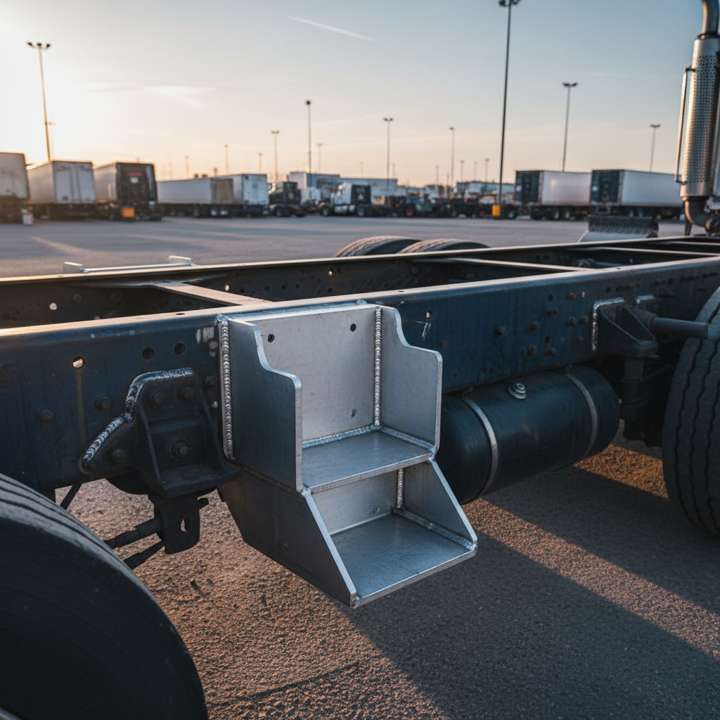 A heavy-duty transport truck chassis in a commercial yard, with a newly reinforced steel frame section and custom-fabricated brackets, all displaying spotless, even welds and meticulous grinding. The dark, weathered original frame contrasts with the fresher, slightly brighter steel of the repair, showing clear differentiation between existing and new metalwork. Late-day natural light mixed with cool overhead yard lighting creates dynamic reflections on the metal surfaces and subtle shadows beneath the truck. Photographic realism from a three-quarter low-angle viewpoint, emphasizing the size and strength of the vehicle while keeping the repaired area in primary focus. Background elements like other trucks and equipment are softly blurred, creating a professional, industrial atmosphere that underscores expertise in heavy truck welding and structural repair.