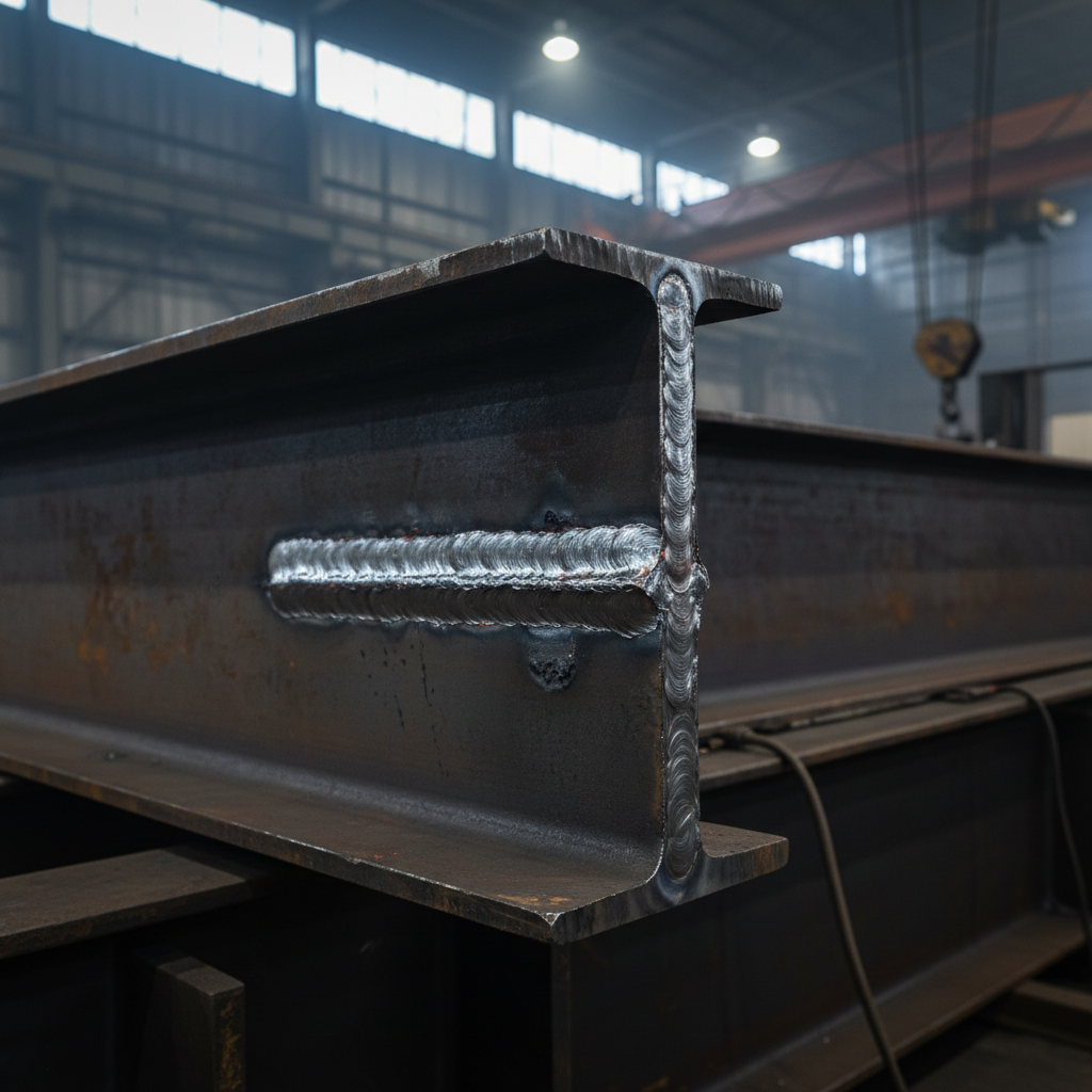 A close-up view of a freshly completed structural steel repair on an I-beam inside an industrial facility, showcasing a continuous, uniform weld bead with a clean, rippled texture along a precisely ground joint. The dark, matte steel beam contrasts with the bright silver-gray weld, small sparks still faintly glowing on adjacent slag. Overhead workshop lighting and a sliver of diffused daylight from high windows create crisp highlights and defined shadows, emphasizing the craftsmanship and strength of the connection. Shot with a shallow depth of field for photographic realism, the repaired joint is centered while the rest of the beam and distant machinery softly fade into the background, conveying reliability, precision, and structural safety.