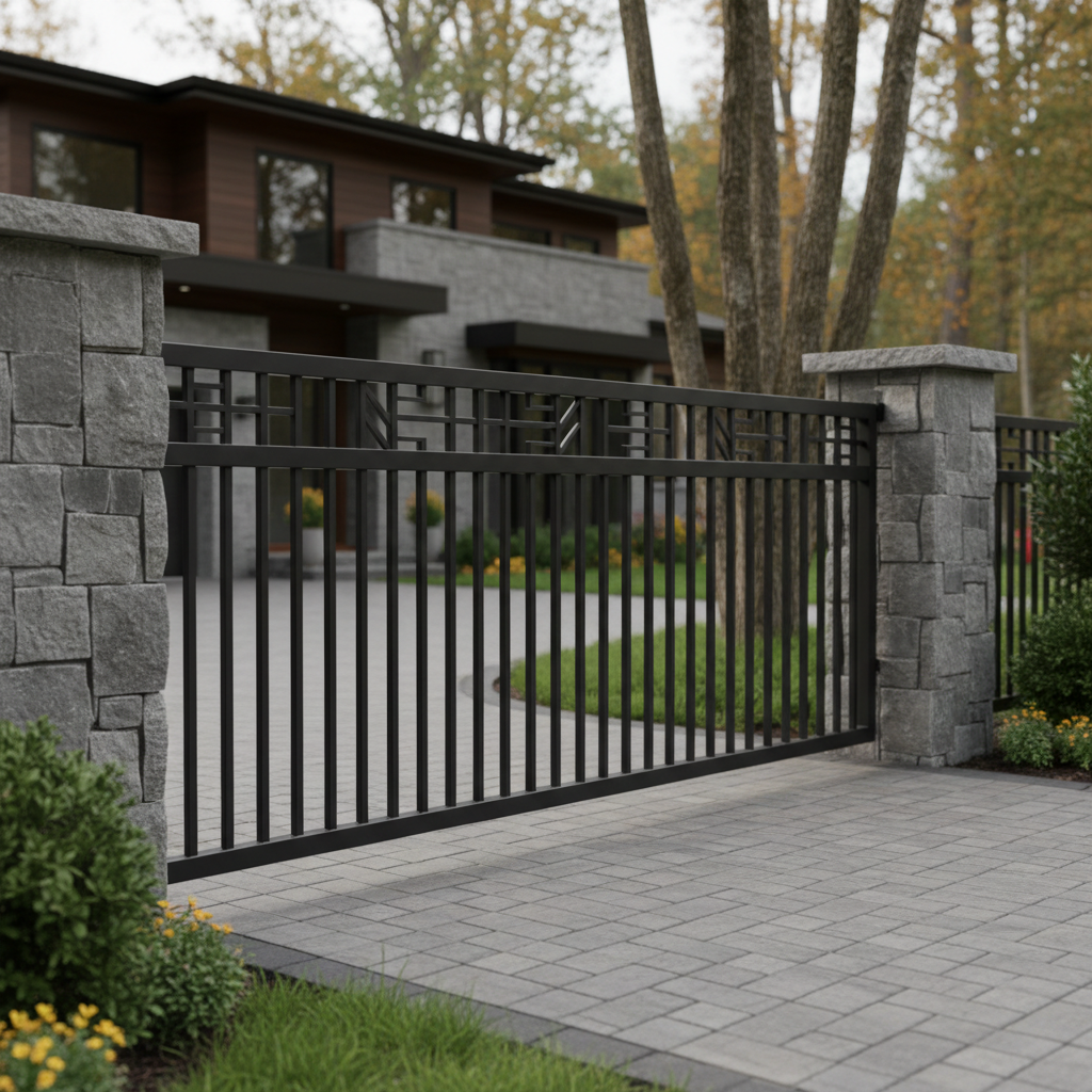 A solid, custom-fabricated black steel driveway gate with clean vertical bars and a decorative geometric pattern along the top, installed between two stone pillars at a suburban Ontario home. The powder-coated metal surface has a subtle satin sheen, with clearly visible welds at each junction indicating robust construction. Soft overcast daylight creates even, diffused lighting, minimizing harsh reflections and casting gentle shadows on the paved driveway and adjacent landscaping. Photographic realism from a slightly elevated angle using rule-of-thirds composition, with the gate in sharp focus and the house and trees in a tasteful, blurred background. The atmosphere feels secure, modern, and upscale, highlighting professional metal fabrication and installation quality.